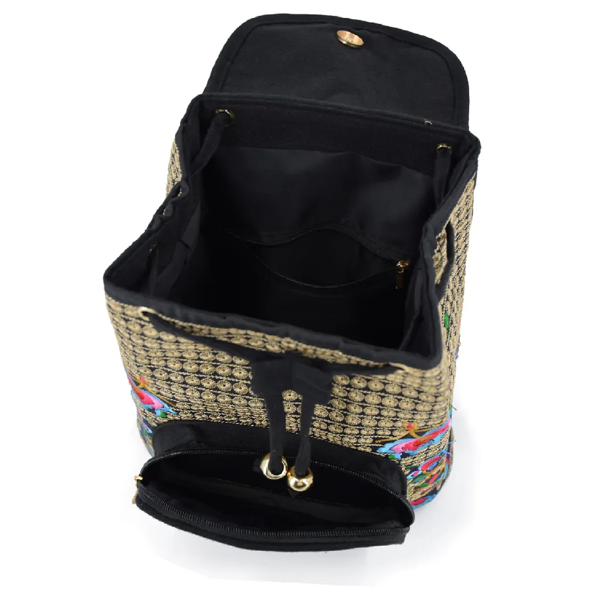 sac à dos vintage en toile brodée florale, sac à dos ethnique décontracté pour filles avec plusieurs poches, cartable à rabat, sac de voyage pour dames