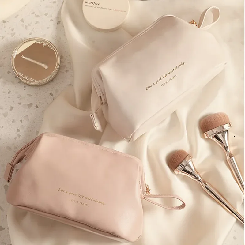 pochette à maquillage élégante en cuir pu, trousse de toilette minimaliste portable pour tous les jours et les voyages