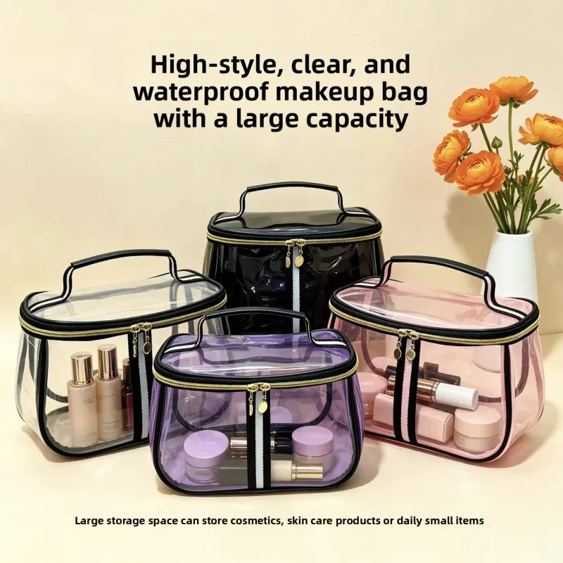sac de maquillage en pvc transparent, imperméable, portable, organiseur de toilette de voyage, grande capacité, pochette de rangement cosmétique à fermeture éclair