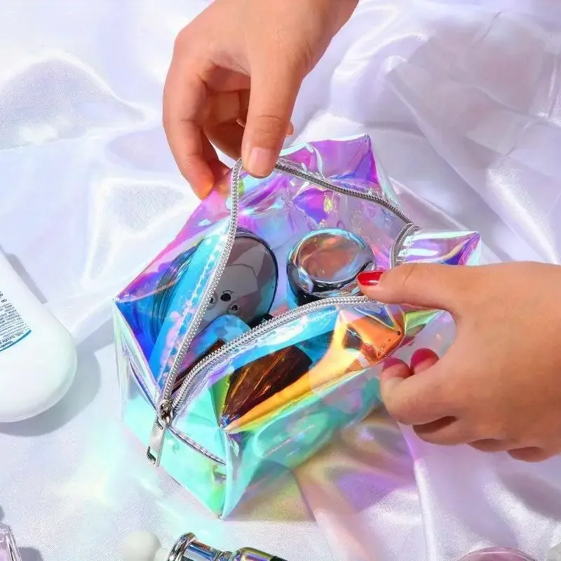 1 pièce trousse de maquillage et de toilette transparente holographique irisée à paillettes avec fermeture éclair, pochette de voyage pour sac à main, couches et plage