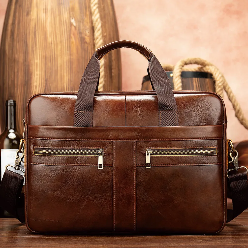 Porte-documents en cuir pleine fleur pour homme, sacoche d'ordinateur portable professionnelle avec bandoulière, sac à main grande capacité pour les trajets professionnels