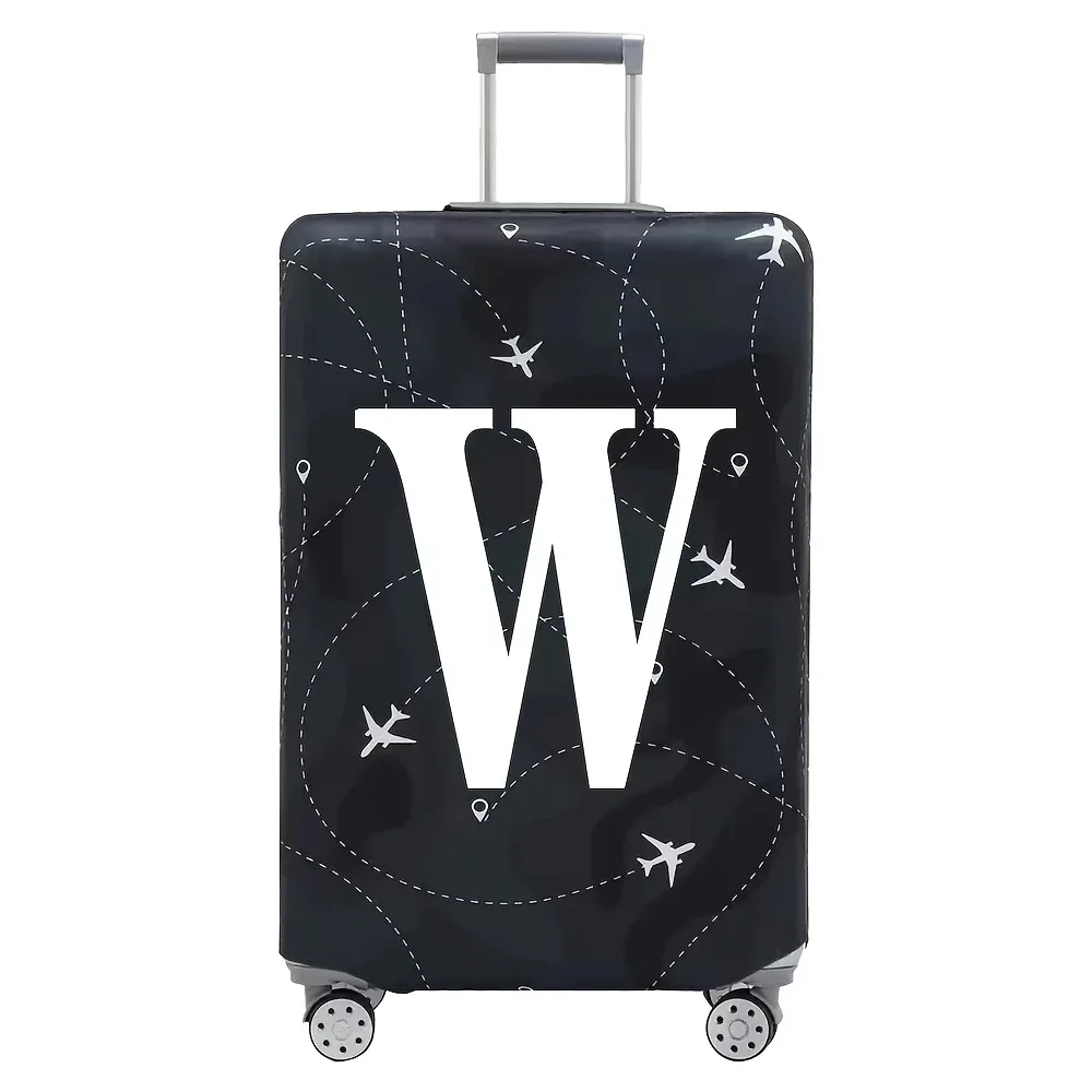 cette housse de valise extensible s'adapte aux valises de 18 à 32 pouces et présente un motif de lettres a-z blanches imprimé sur la surface.