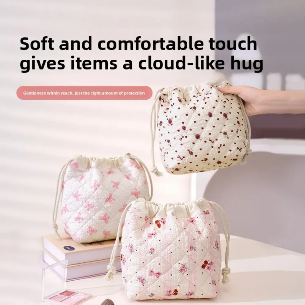 sac à cosmétiques en coton matelassé doux, sac de rangement pour bijoux à cordon, sac de rangement pour rouge à lèvres, sac à maquillage esthétique à fleurs douces, sac de voyage