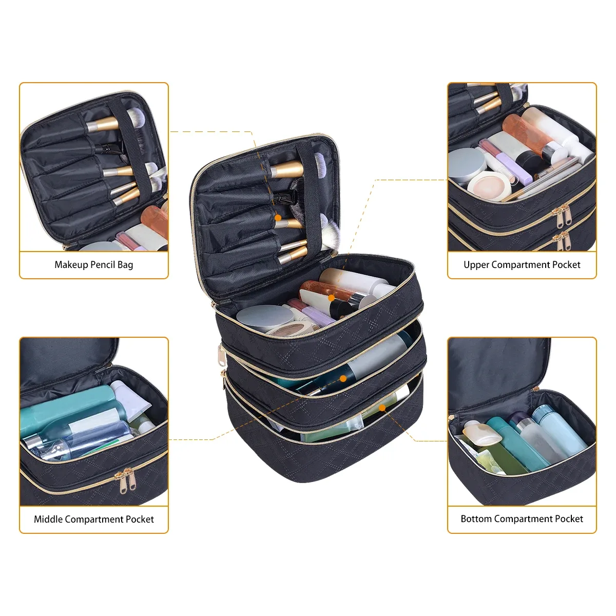 trousse de maquillage matelassurera à 3 couches, grande capacité, adaptée aux voyages et à la maison