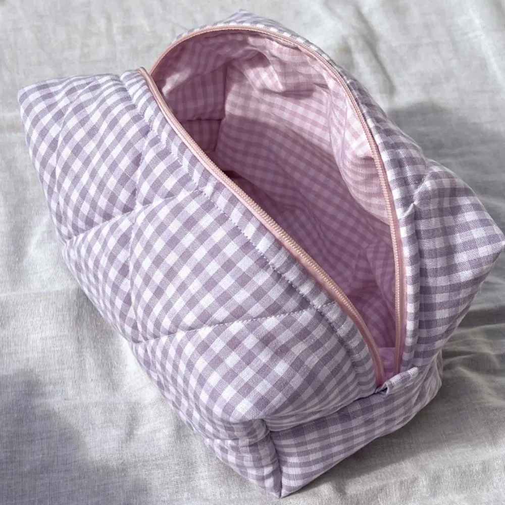 trousse de maquillage en coton matelassé, trousse de toilette portable à carreaux avec fermeture éclair, grande capacité, poudres de soin de la peau, voyage