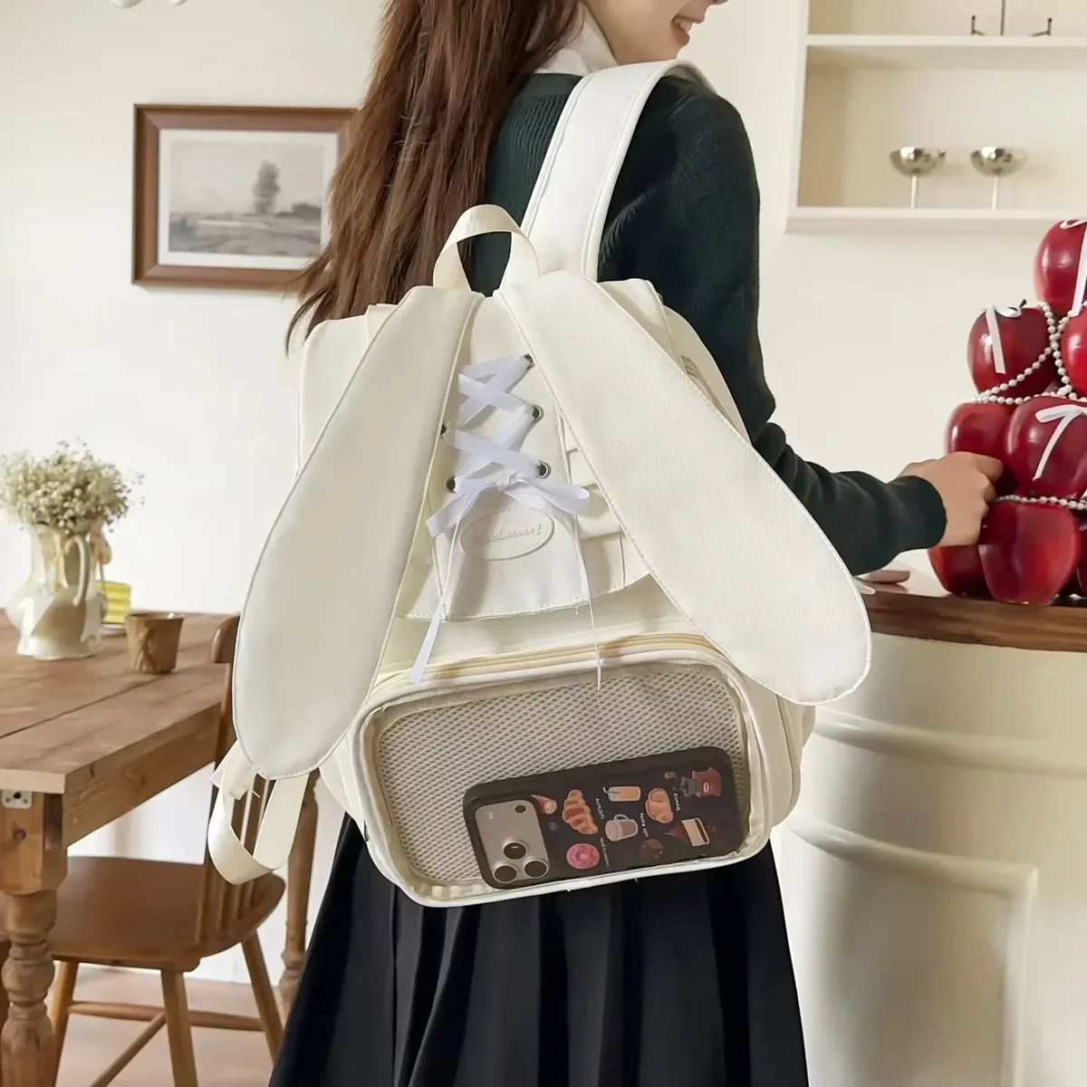 y2k bow oreille de lapin japonais ita sac à dos lolita fille sac transparent mignon haute capacité sac à dos style preppy sac à dos à volants