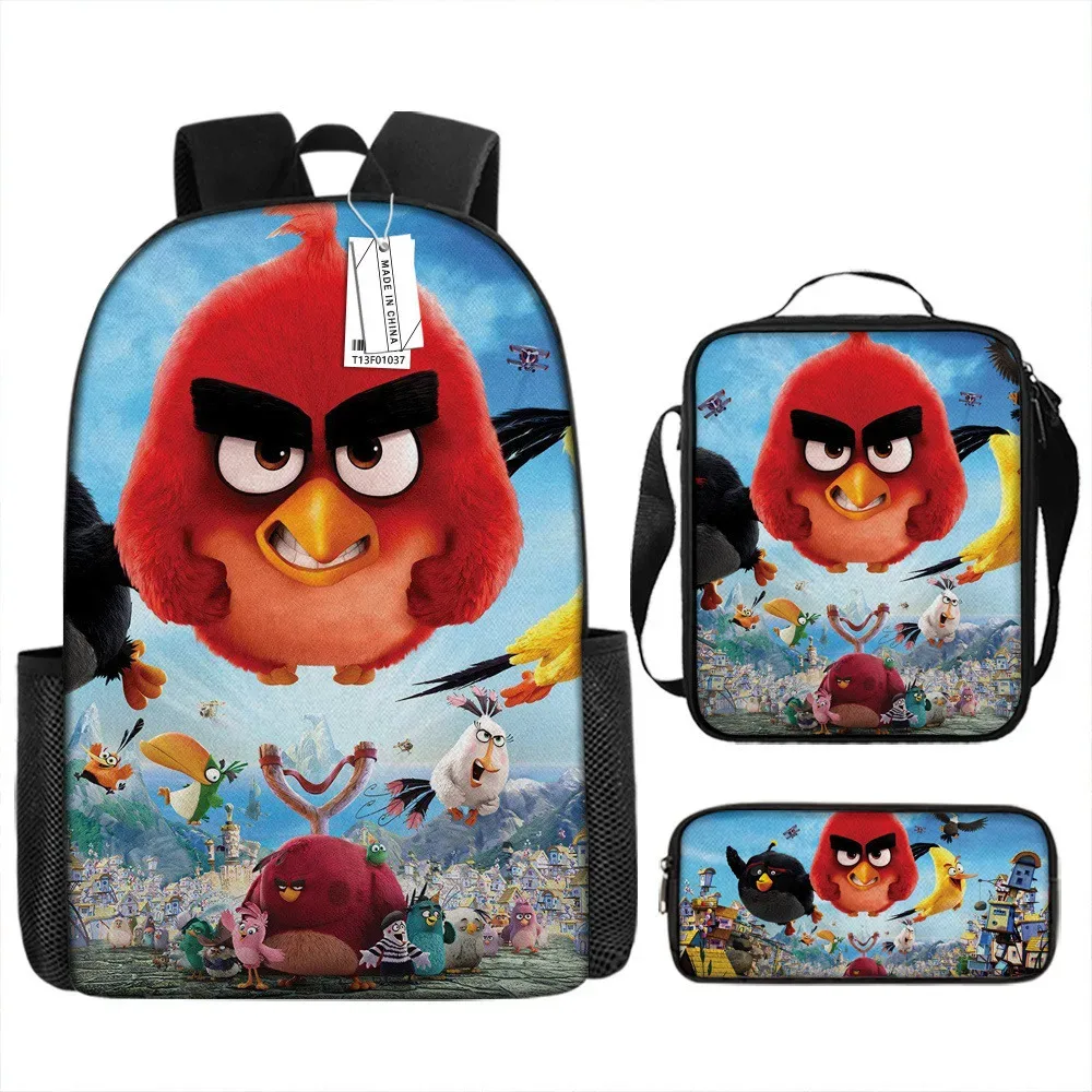 sacs d'école de luxe originaux et cool avec impression 3d angry birds, 3 pièces/ensemble, sac à dos pour ordinateur portable, sac à déjeuner, trousse à crayons
