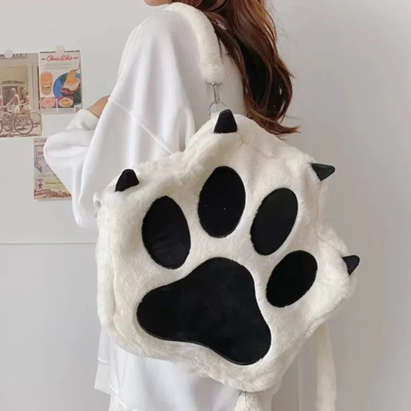 sac à dos en peluche patte de chat mignon avec bretelles réglables, sac à main en fourrure douce, sac à dos de dessin animé jk pour filles et femmes