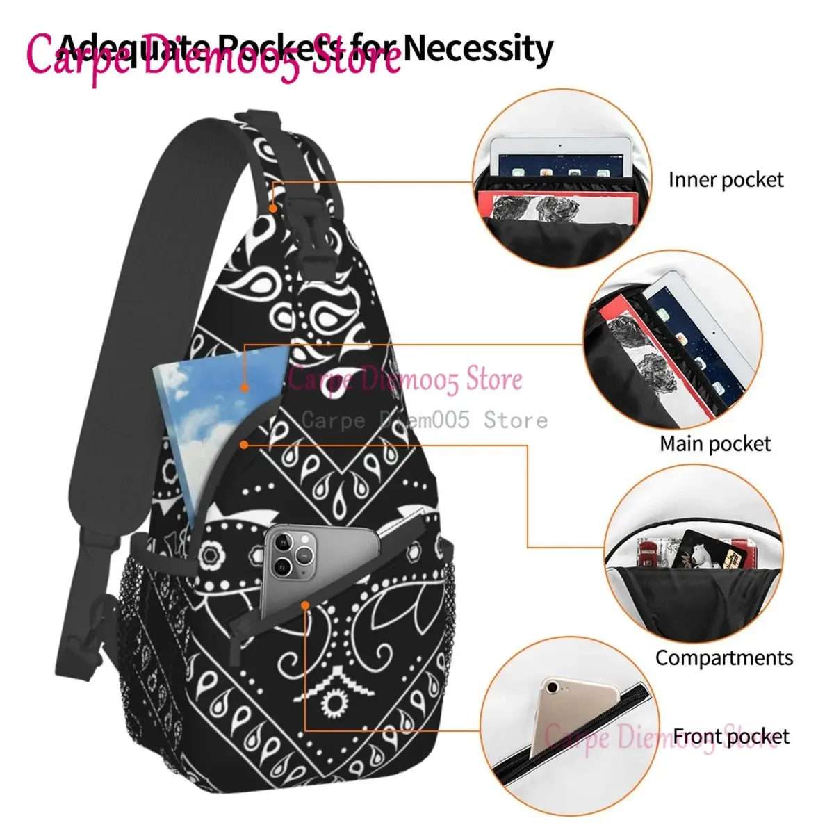 sac à dos bandana paisley chicano noir et blanc pour hommes, sac à bandoulière pour la randonnée