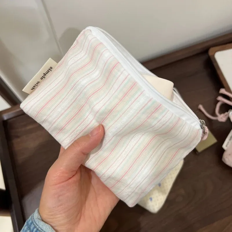 sac de maquillage rose à rayures et pois pour femmes, porte-monnaie portable, porte-cartes, portefeuille, sac de rangement pour rouge à lèvres, sac organisateur de cosmétiques