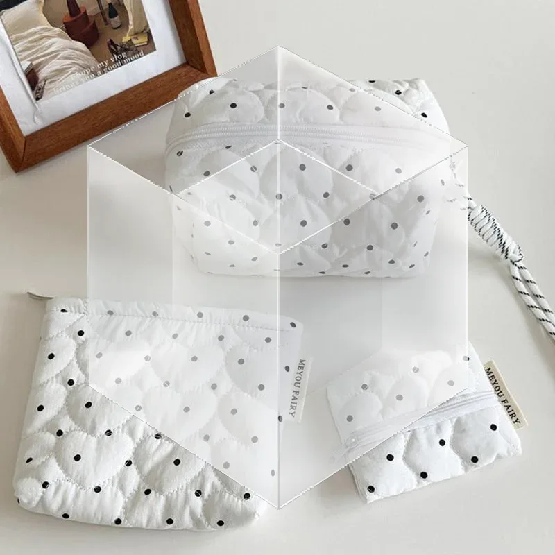 trousse de maquillage matelassée à pois pour femmes et filles, organiseur pour rouge à lèvres et pinceaux, petite et grande pochette cosmétique, idéale pour les voyages