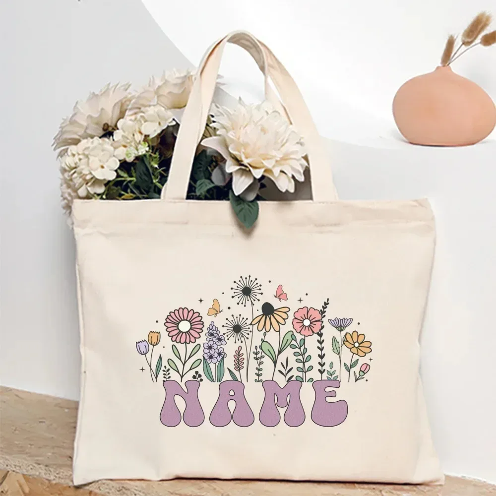 sac fourre-tout personnalisé avec fleur et nom pour femme, sacs à bandoulière en toile, sac de shopping monogrammé, sacs à main, cadeaux d'anniversaire et de mariage pour elle