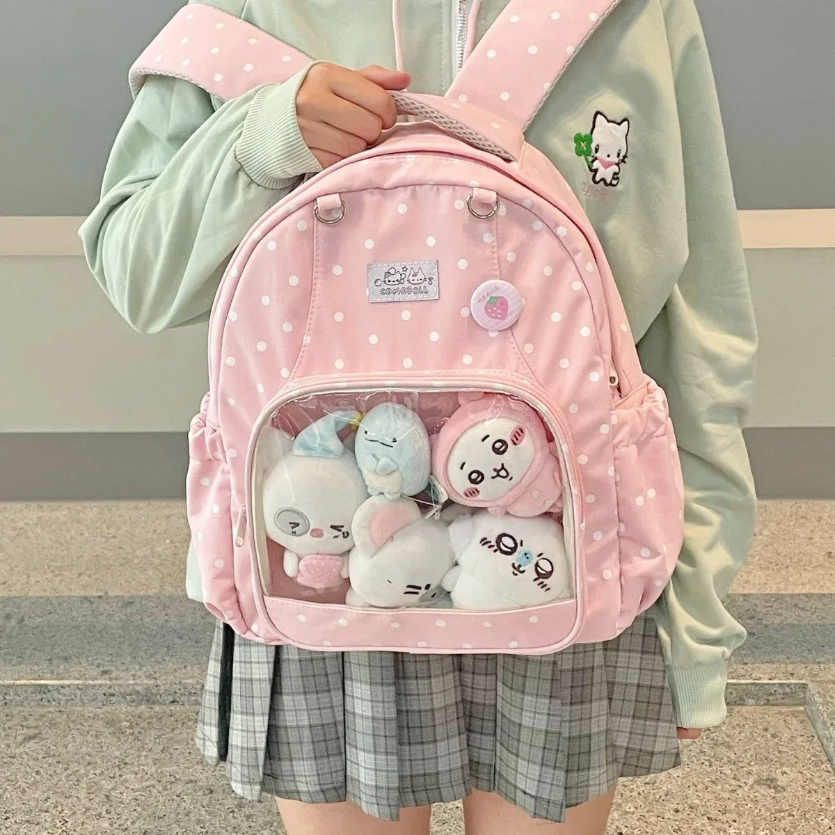 nouveau sac à dos harajuku rose kawaii à motif de dessin animé pour femme, sac à dos décontracté à pois, sac ulzzang ita doux et mignon