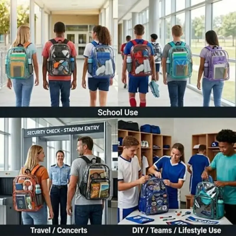1 sac à dos transparent en pvc imperméable, avec sangles réglables, fermetures éclair doubles durables, idéal pour les stades de baseball, léger et transparent.