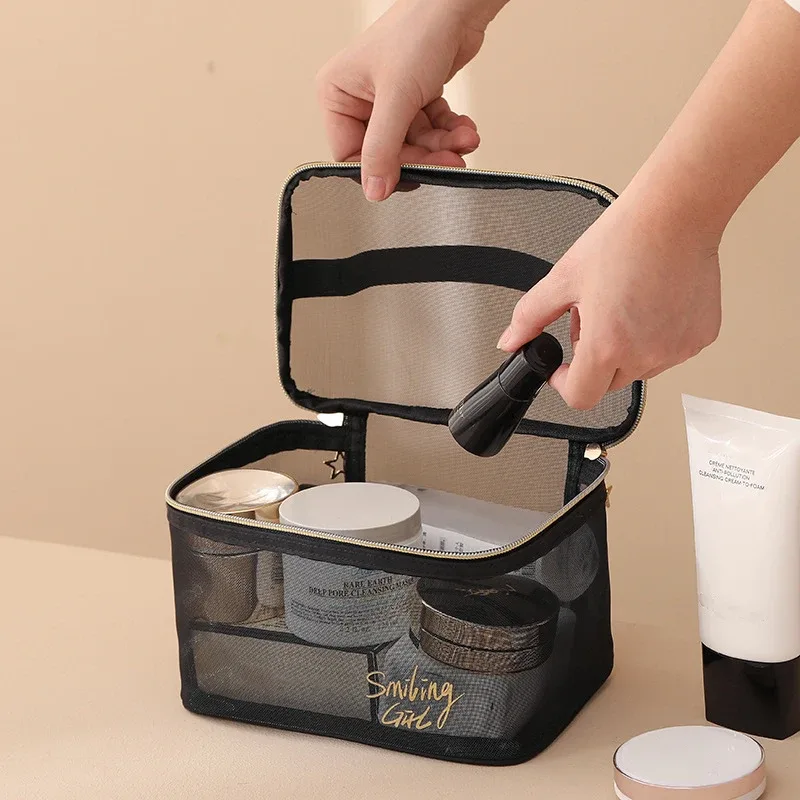 trousse à cosmétiques en maille noire transparente pour femme, trousse de maquillage, petite et grande trousse de toilette, étui de voyage pour pinceaux, 1pc