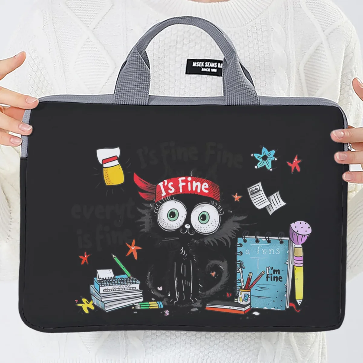 ensemble unique, deux styles, sacoche pour ordinateur portable et porte-documents à motif de chat noir, adapté aux ordinateurs portables de 14 pouces.
