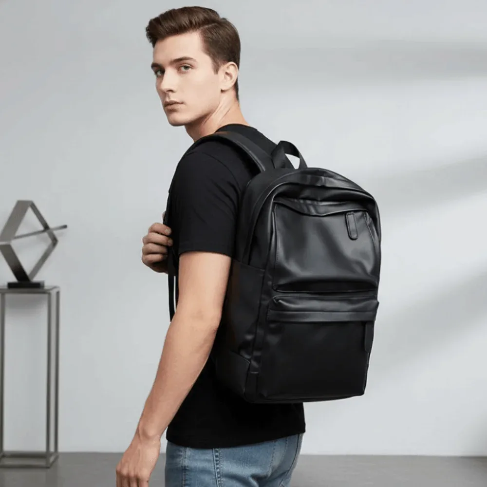 sac à dos en cuir pvc pour homme, bretelles rembourrées, poche zippée cachée, sac d'école pour ordinateur portable, résistant à l'eau, finition noire