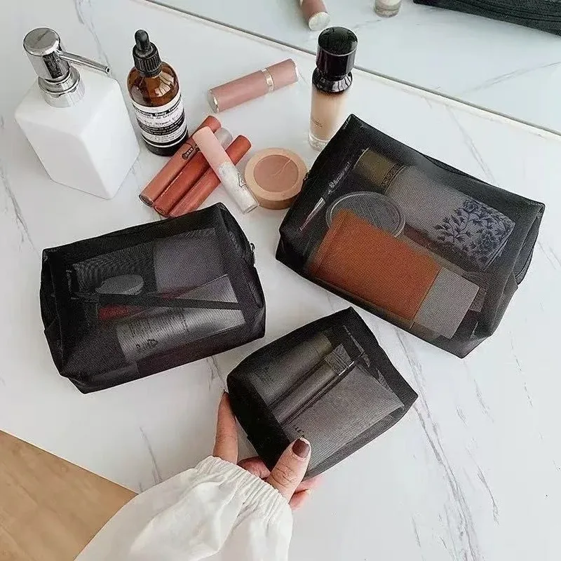 ensemble de 3 trousses de maquillage en maille, organisateur de cosmétiques de style ins pour femmes, mini pochette de toilette de voyage portable pour rouge à lèvres et cosmétiques