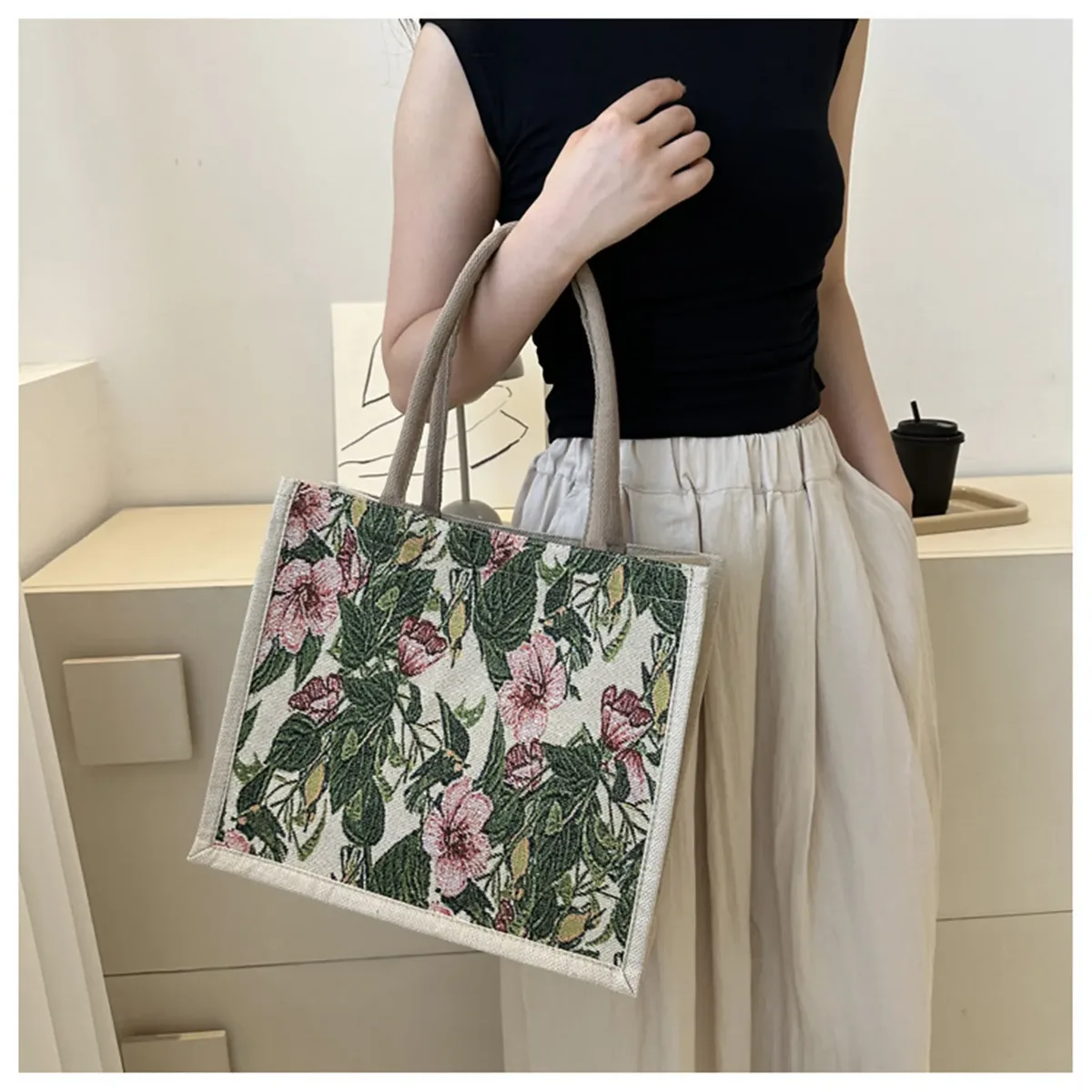 sac fourre-tout en coton et lin pour femmes, sac à main décontracté pour étudiants, sac à main initié, grande capacité, sacs de plage réutilisables, sac à provisions, document esthétique