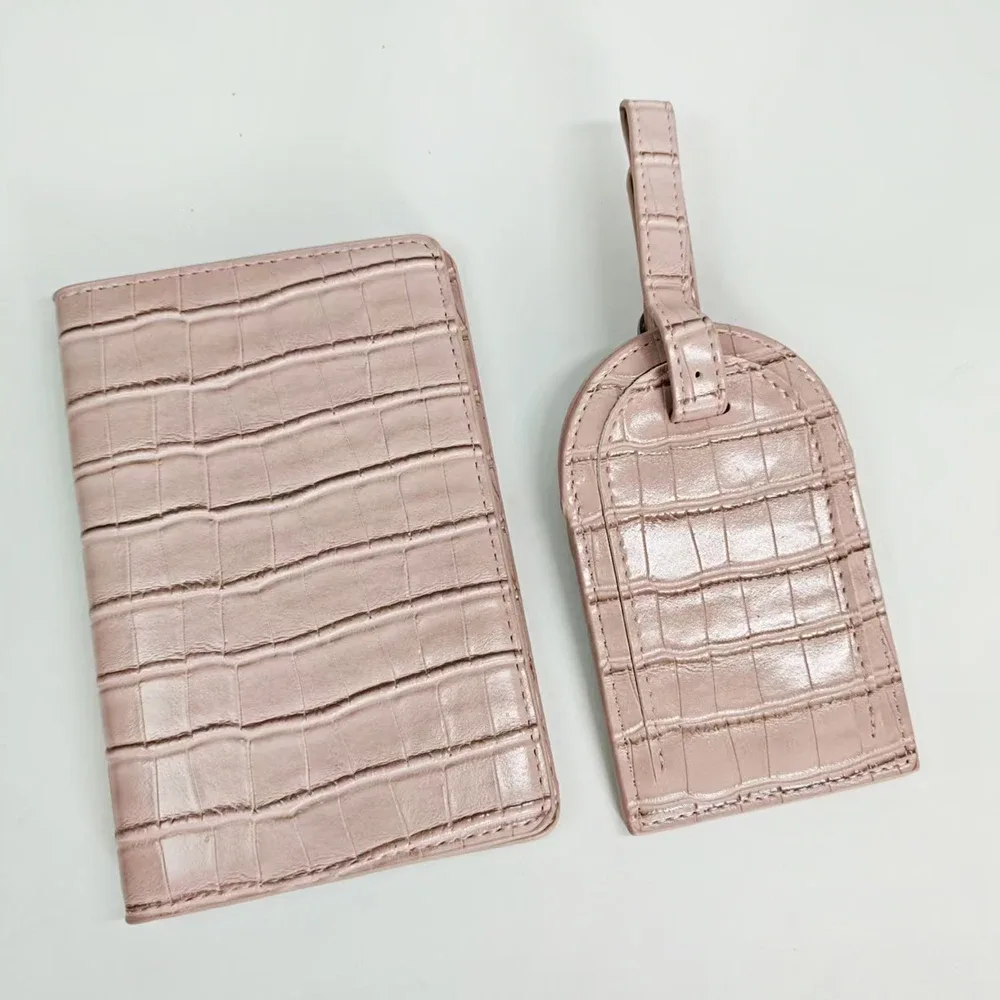 ensemble de porte-passeport et étiquette de bagage en cuir pu, motif crocodile, personnalisable avec lettre, accessoires de voyage de luxe