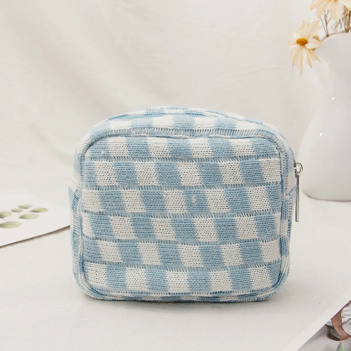 sac à cosmétiques en damier, sac de rangement de toilette tricoté, pochette de maquillage colorée, organisateur, sac à cosmétiques à motif à carreaux