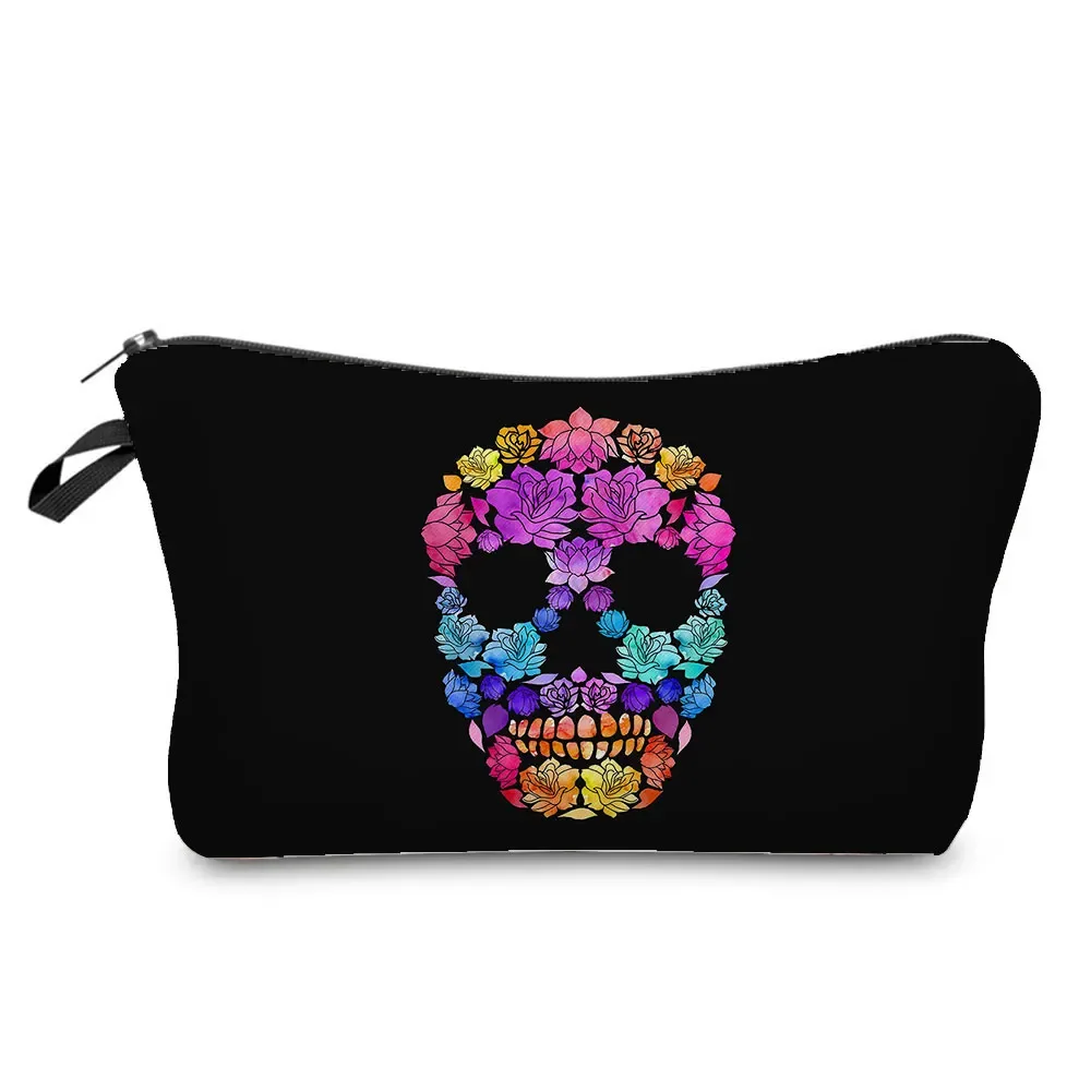 sacs à cosmétiques imprimés de crâne pour femmes, pochette de maquillage de personnalité, sac de rangement de voyage portable, étuis de rangement de rouge à lèvres, sac de maquillage à fermeture éclair