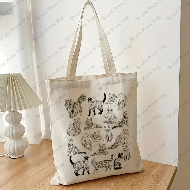 sac fourre-tout en toile à motif de chat mignon, sac de rangement léger et polyvalent simple eco shopper bga, sac de plage, fourre-tout pour femmes