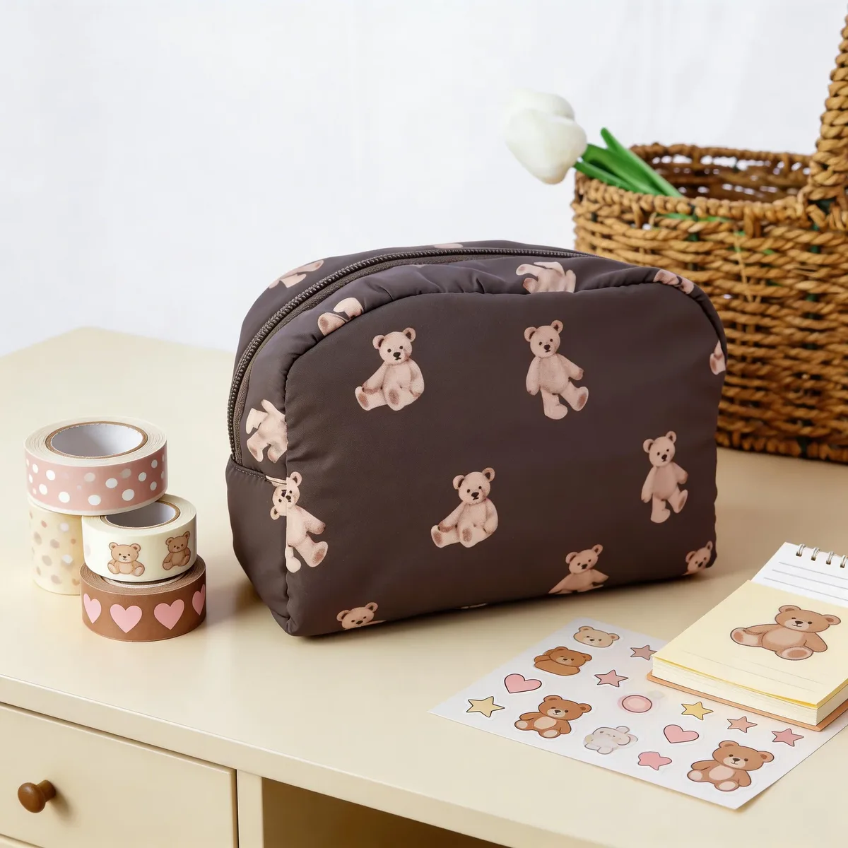 Trousse de maquillage imprimée ours en peluche, grande capacité, organiseur de cosmétiques, sac de voyage portable, pochette de rangement multifonctionnelle pour articles de toilette