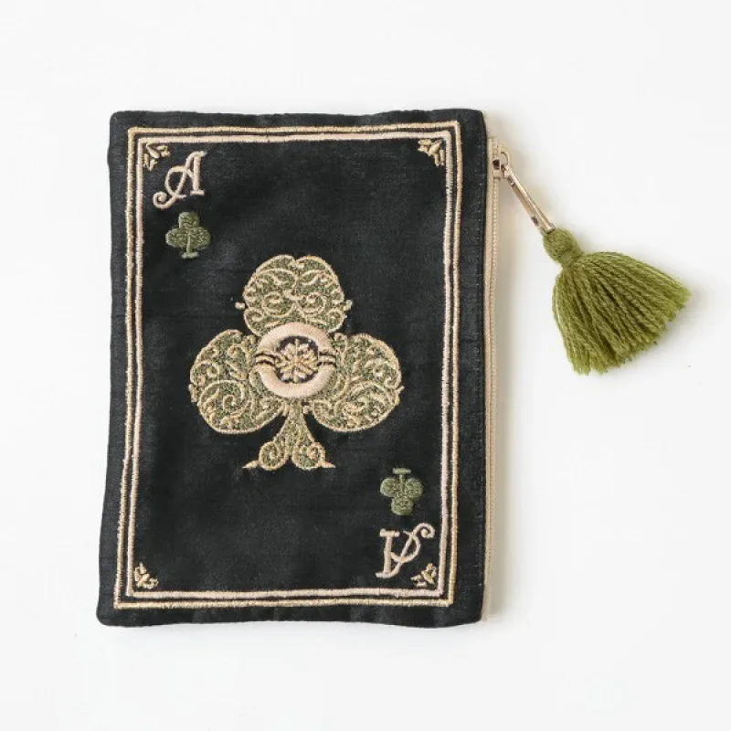 sac de maquillage à motif de carte de poker brodé à la main de style japonais, sac de rangement portable de style ethnique pour cartes de monnaie, sac de rangement à pompon rétro