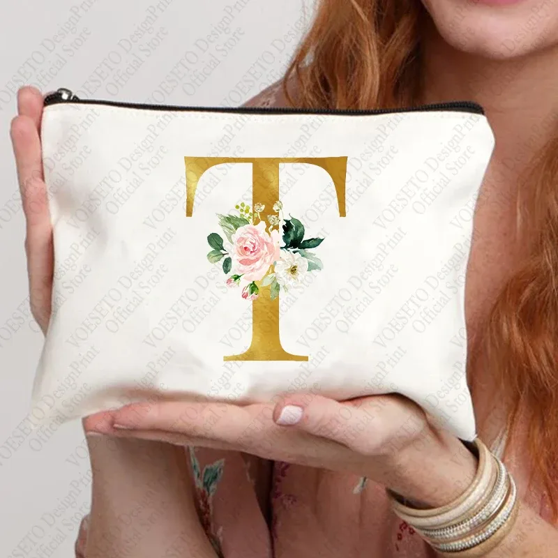 sac à fermeture éclair à motif initial pour femme, trousse de maquillage cosmétique, poudres de toile de bain de mariage, sacs de rouge à lèvres de voyage, cadeau de fête d'enterrement de vie de jeune fille