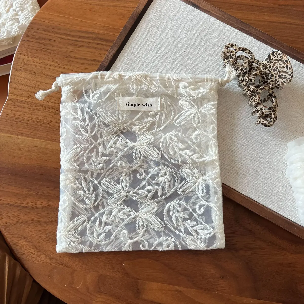 pochette de rangement rétro en dentelle abricot, organisateur polyvalent brodé avec découpe en dentelle, accessoires pour cheveux et écouteurs, sac de rangement