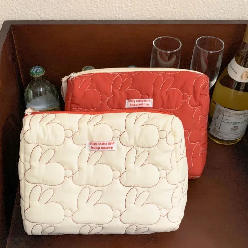 Ins – sacs de maquillage à fermeture éclair de grande capacité, étuis à cosmétiques en coton matelassé lapin, pochette de rangement de voyage mignonne, organisateur pour femmes, sac à main