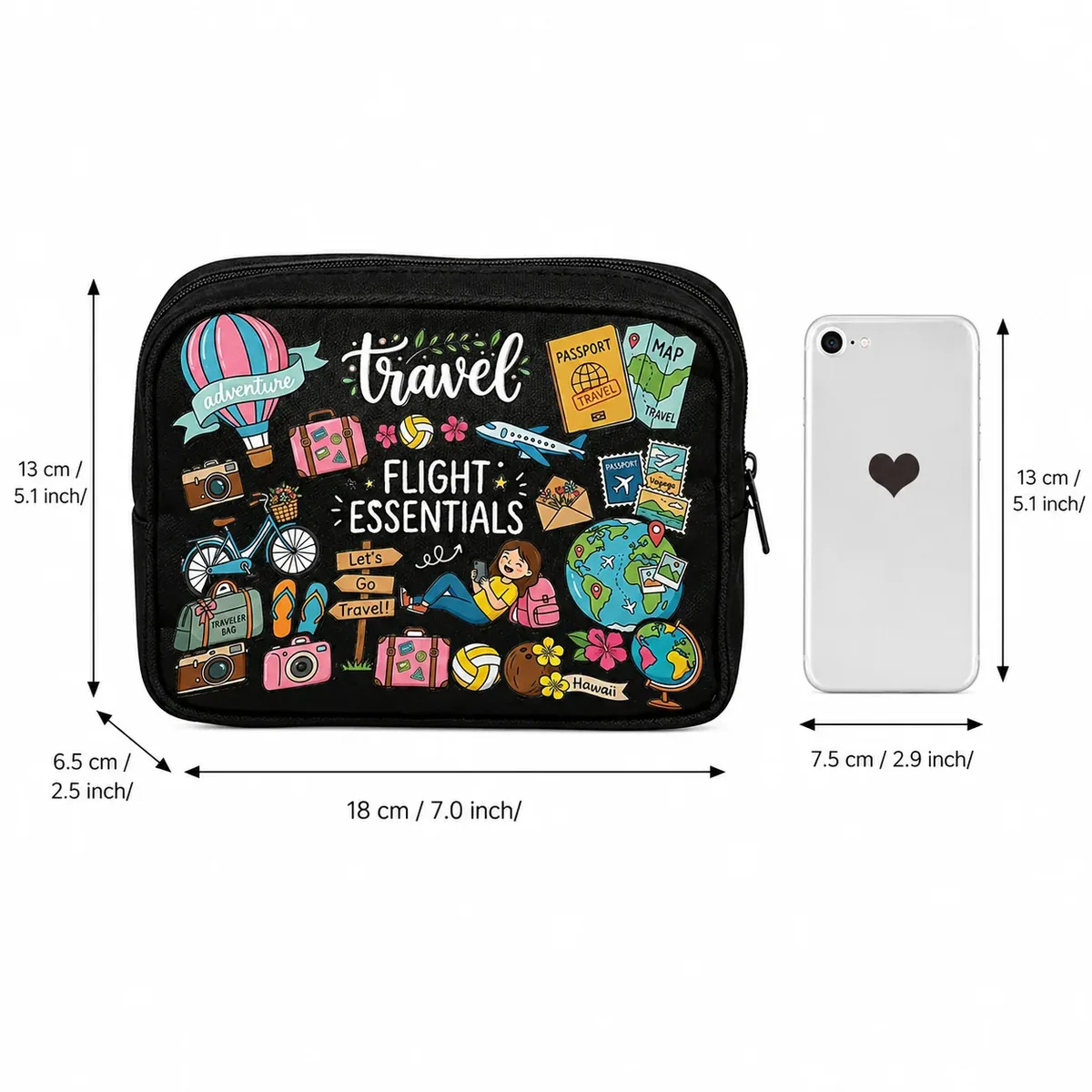 trousse de toilette de voyage pour femme, imprimé coloré flight essentials, organiseur de maquillage portable à fermeture éclair pour la plage, les vacances et les bagages