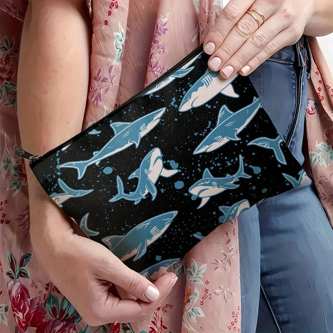 sac de maquillage sur le thème des requins inspiré de l'océan - pochette multifonctionnelle à fermeture éclair pour femmes, sac de rangement pour bijoux