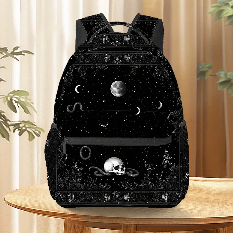 sac à dos gothique à imprimé crâne noir et blanc, sac à dos de voyage et de randonnée avec compartiment pour ordinateur portable, parfait pour la plage, le yoga et les sorties décontractées