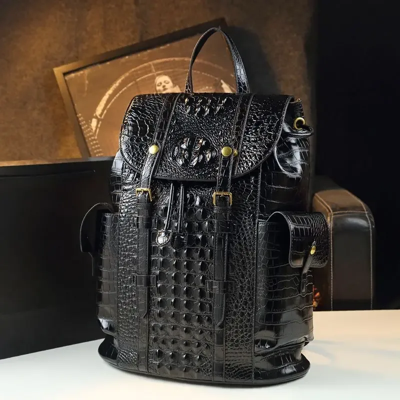 Sac à dos en cuir d'alligator grande capacité pour hommes et femmes, idéal pour les voyages, les affaires et les étudiants, sac d'école en cuir pour femmes