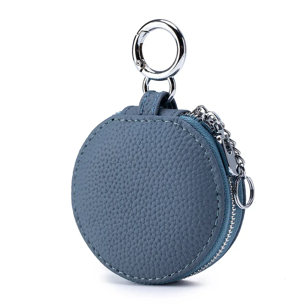 sac de rangement rond en cuir véritable pour femmes, sac rond pour rouge à lèvres souple, sac pour écouteurs avec miroir, sac porte-clés pendentif de grande capacité