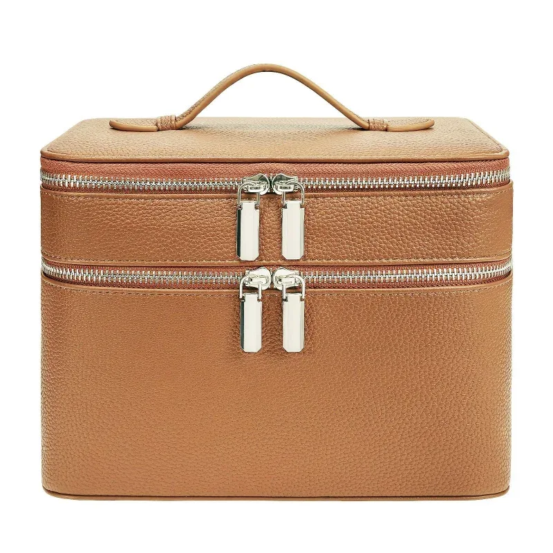 trousse de maquillage en cuir double couche grande capacité, organiseur de cosmétiques étanche, trousse de toilette de voyage portable pour femmes