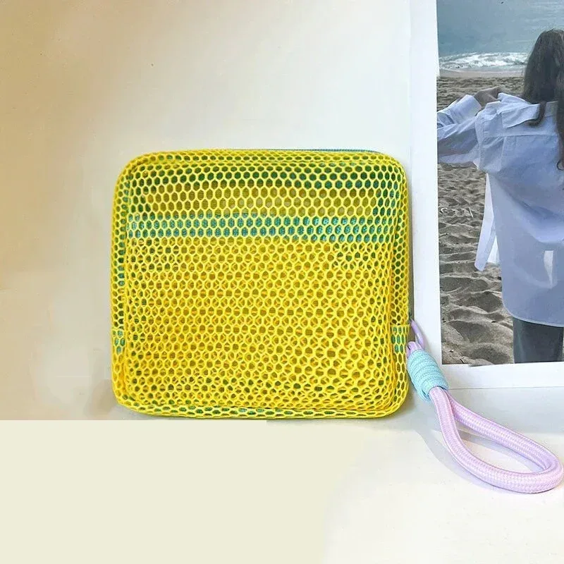 mini pochette en maille dopamine, étui carré coloré pour écouteurs, trousse à cosmétiques portable pour rouge à lèvres, organiseur de rangement respirant pour articles de toilette
