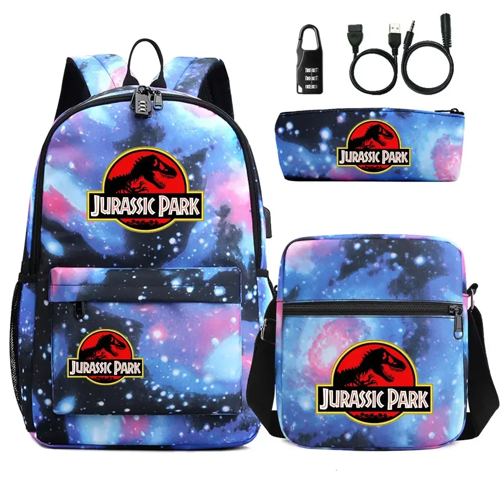 Dinosaure Jurassic Park World 3 pièces USB antivol serrure garçon fille enfants école livre sacs voyage sac à dos sac à bandoulière stylo sac