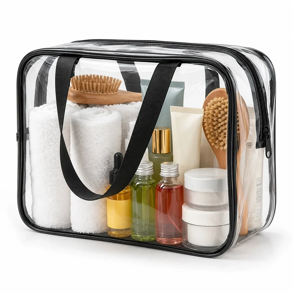 Grande trousse de toilette transparente en PVC imperméable, organiseur de voyage avec poignées pour femmes, rangement pour salle de bain et plage