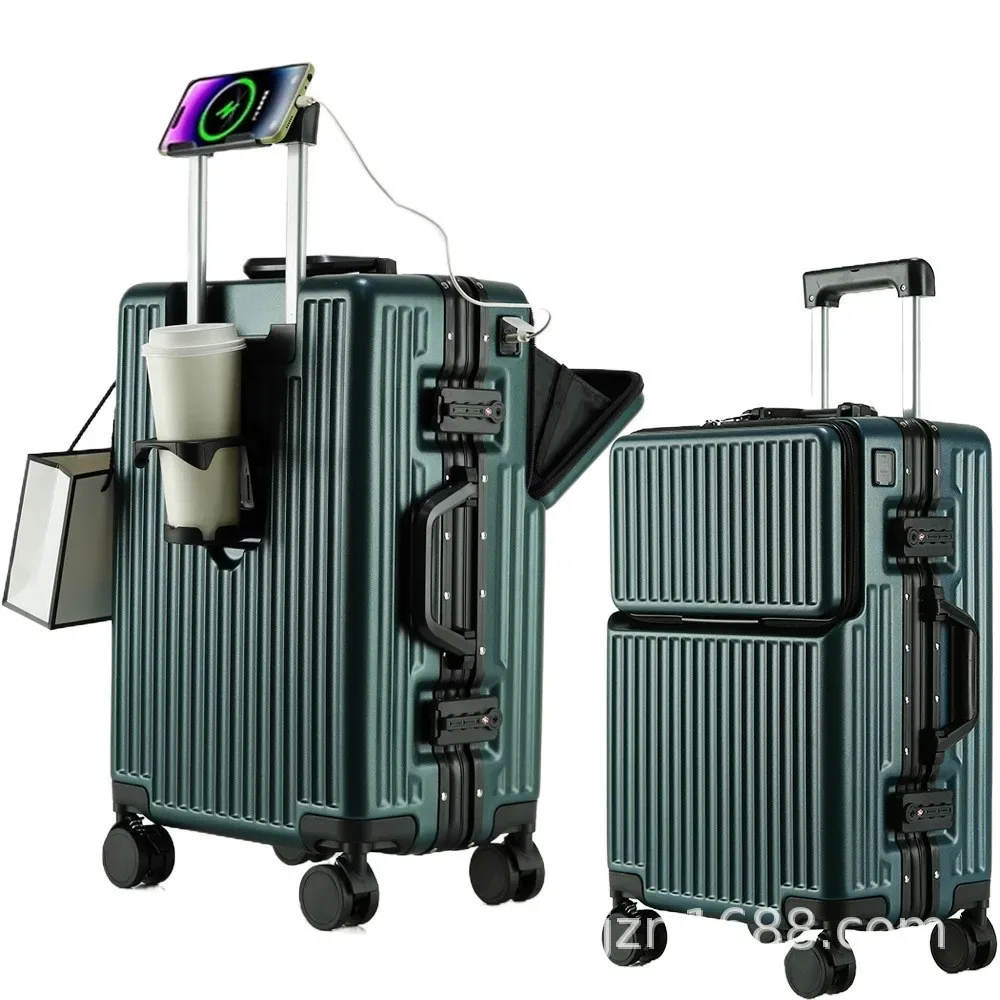 nouveau bagage cadre en aluminium ouverture avant pochette d'ordinateur valises de voyage multifonctions 20 pouces transporteur cabine sac boîtier de chariot