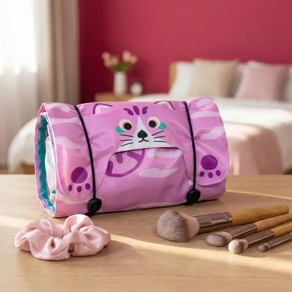 sacs de rangement pour cosmétiques à grande capacité, motif animal mignon, organisateur portable à cordon pour pinceaux de maquillage, pliable en oxford, style kawaii.
