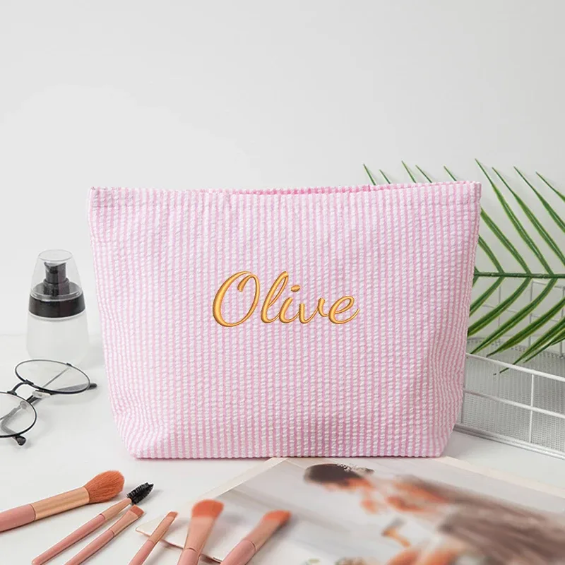 sac de maquillage rayé en gaze bulle, personnalisable avec broderie ou style standard (2 options), pochette de rangement, saison rentrée scolaire