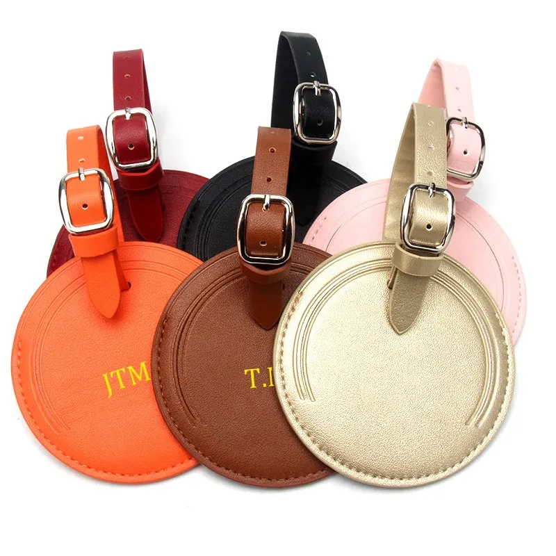 étiquette de bagage à initiales personnalisées, étiquette de bagage ronde de voyage d'affaires, étiquette de valise à rabat en cuir pu personnalisée, cadeau de mariage