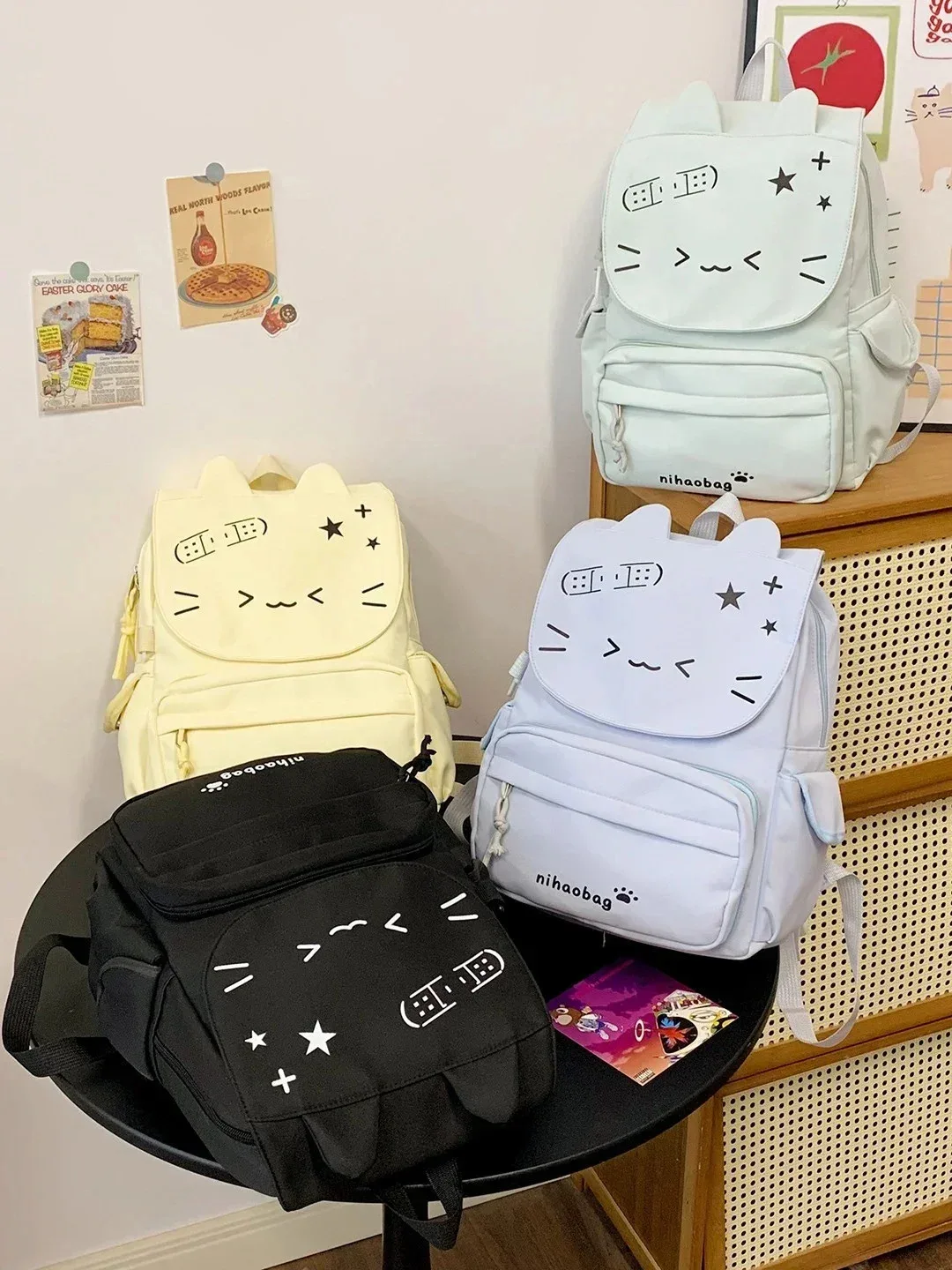 sac à dos chat kawaii avec imprimé emoji de dessin animé, sac à dos grande capacité pour adolescentes, petit sac détachable pour l'école ou les voyages