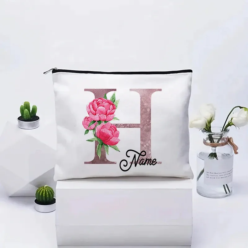trousse de maquillage personnalisable avec prénom, cadeau de mariage, grande pochette en toile à fermeture éclair, motif floral pivoine, essentiels de voyage, maquillage