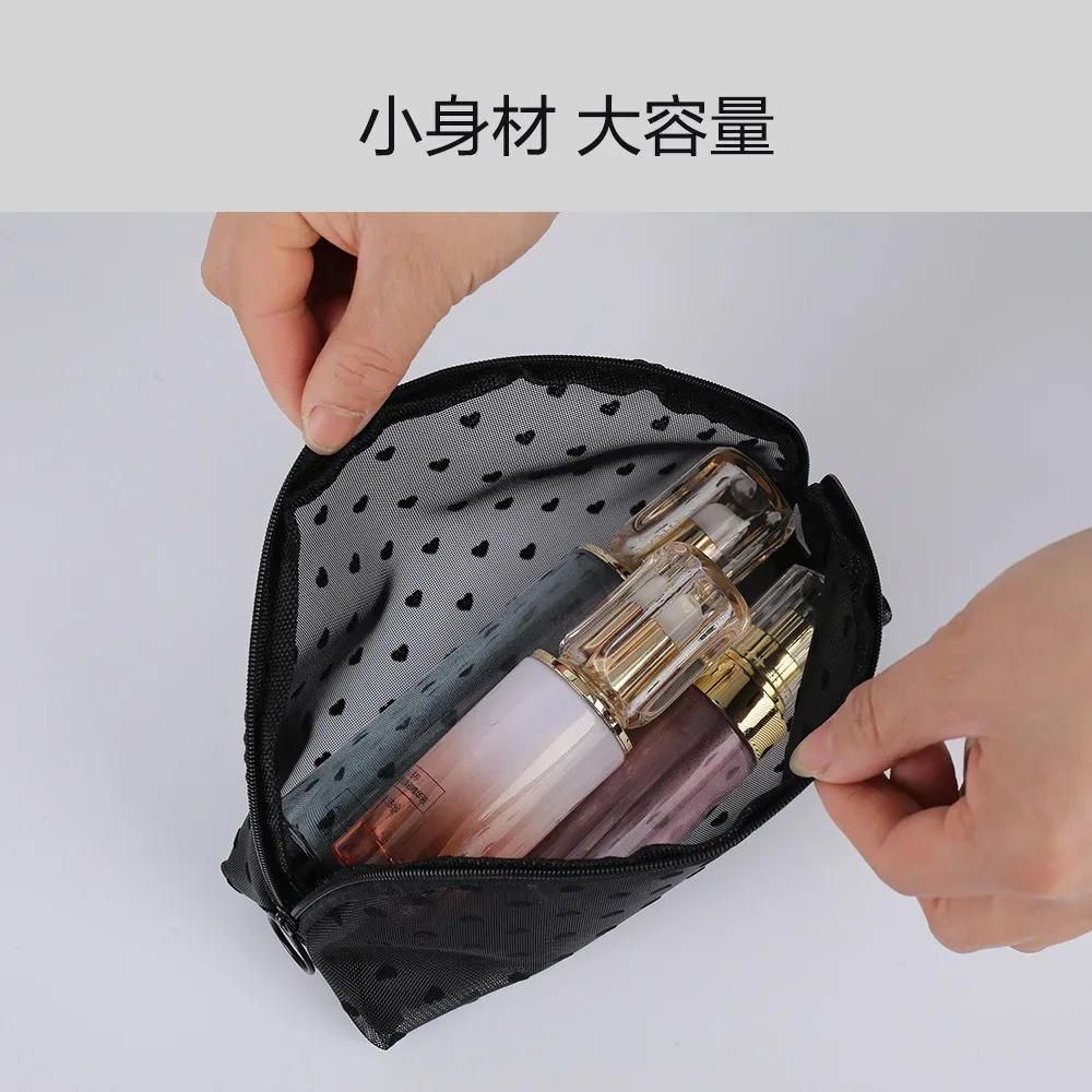 trousse de maquillage en velours de cœur noir en dentelle, sac de rangement transparent pour étudiant, trousse de toilette portable de voyage, trousse de maquillage universelle