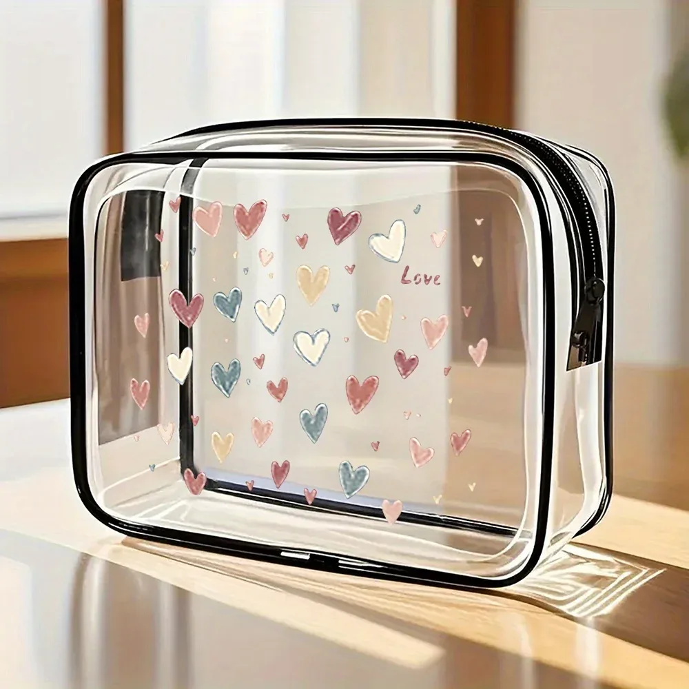 trousse de maquillage transparente heart design. petite pochette à cosmétiques pour voyage, salle de sport ou plage. un cadeau parfait.