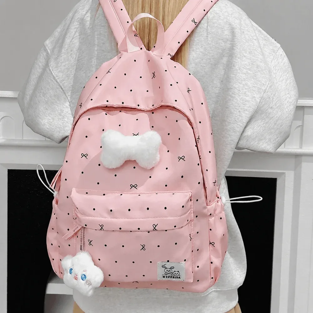 Sac à dos léger à pois avec nœud papillon, respirant, pour étudiants, polyvalent, décontracté, grande capacité, pour l'école et les voyages